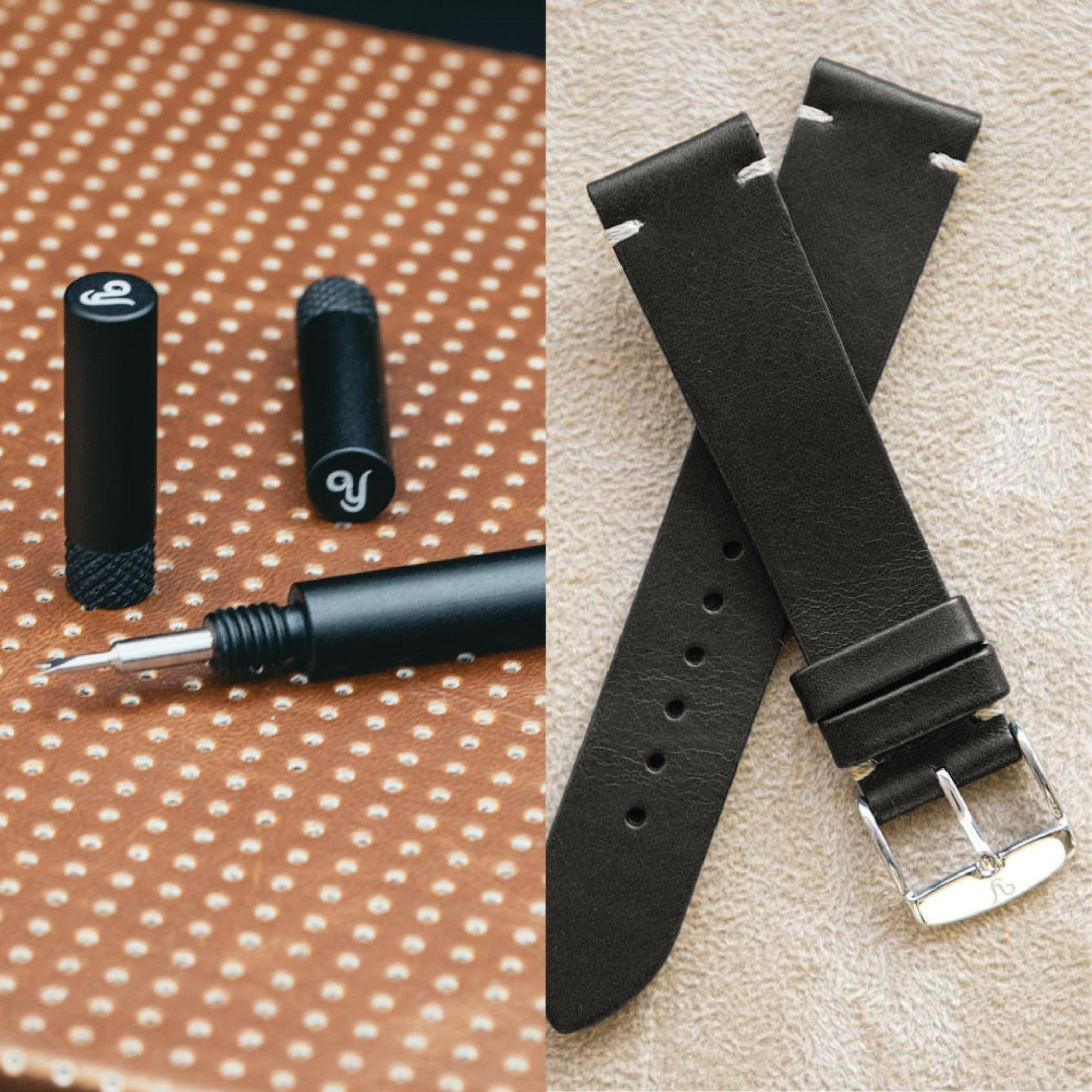 Black Leather Vintage Watch Band 20mm + YEMA Spring bar tool (118€)